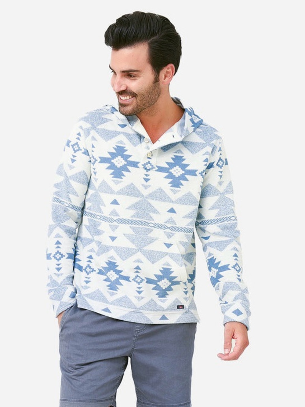 Faherty Doug Good Feather Cabana Aztec Pacific Hoodie in Blue and Cream